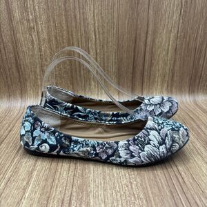 Lucky Brand Emmie Navy Blue Cream Pink Floral Embroidered Ballet Flat 8.5 M